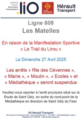 Lire la suite à propos de l’article 📢 En raison du déroulement du trail du Lirou, la circulation des bus est modifiée le dimanche 27 avril 2025 📅.