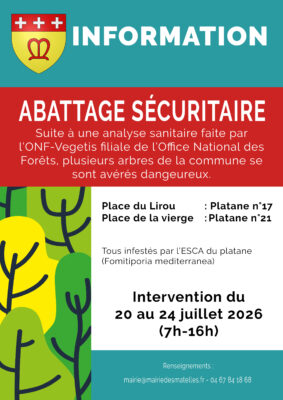 Lire la suite à propos de l’article Sécurité publique : abattage nécessaire de deux platanes malades (20 au 24 juillet 2026)